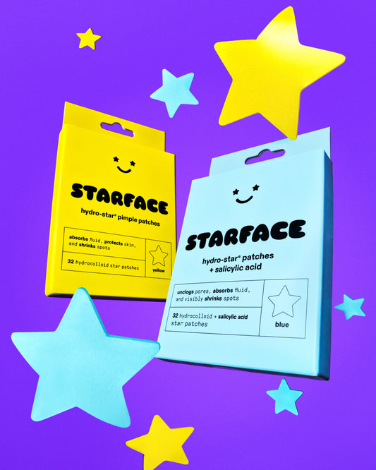 The Starface BFF Bundle: classic yellow and Salicylic Acid Hydro-Star® refill packs. 64 hydrocolloid star patches.